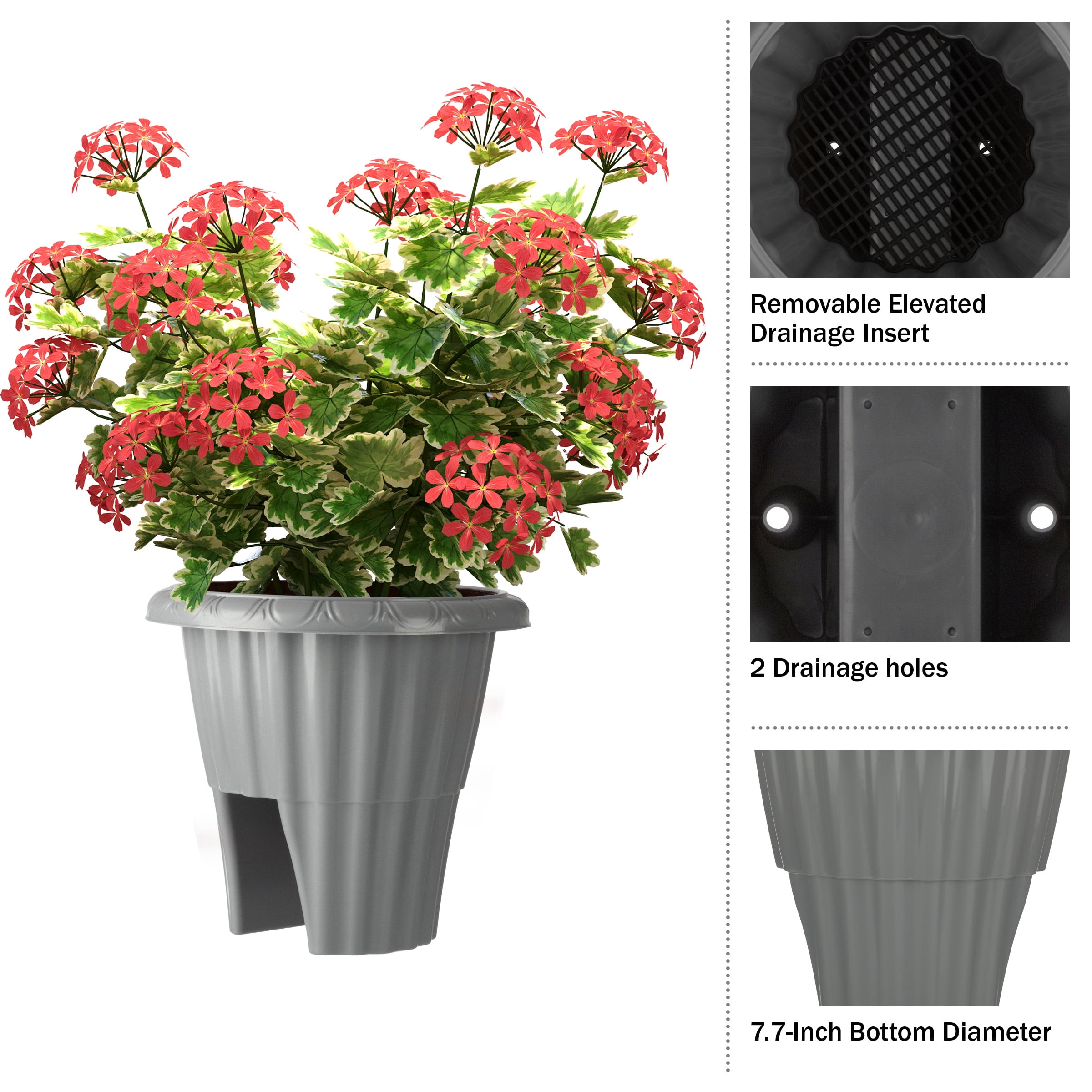 Pure Garden 13.5in Plastic Railing Planter - 2.6- gal Outdoor Flower Pot, Gray