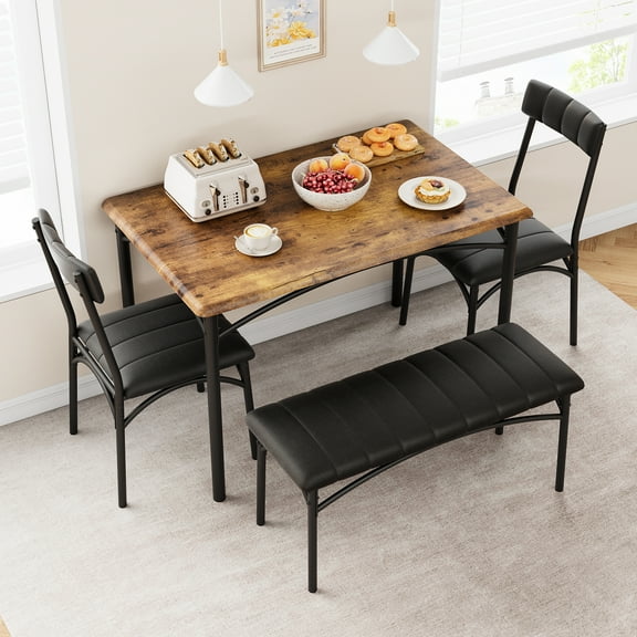 Dining Table Set for 4, Kitchen Table with Upholstered Chairs and Bench, 4-Person Dining Room Table Set, Rectangular Kitchen Table Set for Small Space, Apartment, Home, Studio, Rustic Brown