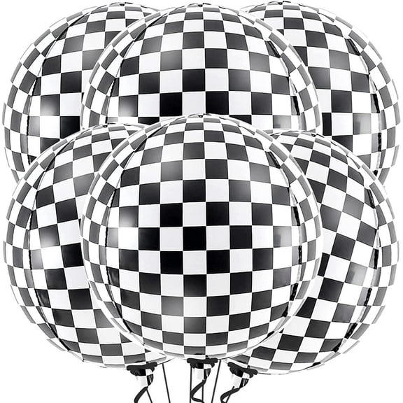 KatchOn, Black and White Checkered Balloons - 22 Inch, Pack of 6 | 4D Checker Balloons, Checkered Flag Balloons, Race Car Balloons | Checkered Flag Party Supplies, Racing Balloons for Emo Party Decor