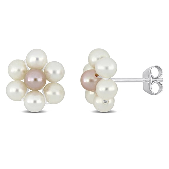 Everly Women’s 3-4mm White Pink Cultured Freshwater Pearl Sterling Silver Flower Stud Earrings