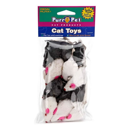Penn-Plax Play Fur Mice Cat Toys, Mixed Bag of 12 Play Mice, 3 Color Variety Pack, Black and White