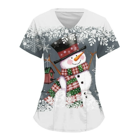 

Women s Christmas Printed Scrub Tops Merry Christmas Print Short Sleeve Pocket V Neck Workwear T Shirt Top