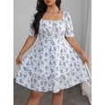 thumbnail image 7 of Plus Size Womens Blue And White Floral Square Neck Short Sleeve Double Ruffle Hem A-Line Dress, 7 of 7