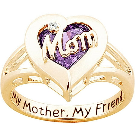 Personalized Sterling Silver with 18K Gold Overlay "Mom" Ring with Birthstone Heart and Diamond Accent