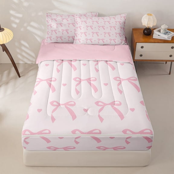 Homewish Girls Pink Bowknot Zipper Twin Comforter Sets with Fitted Sheet and 2 Pillowcases For Kids,Dreamy Princess Themed Zipper Bedding Set,Pink Reversible,4-Piece