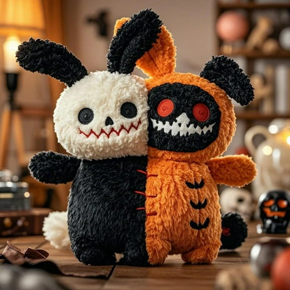 YATAV Rabbit Plush Doll,Halloween Scary Two-headed Rabbit Stuffed Animal Long Ears Standing Toy,Suitable for Kids Easter Halloween Birthday Gift(Black & Orange,10")