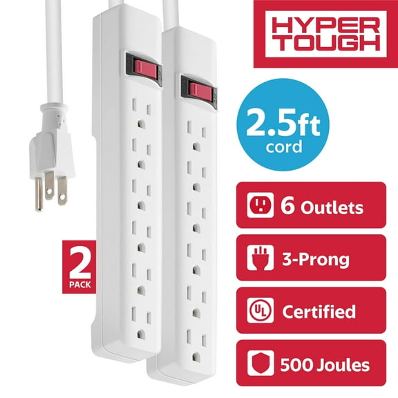 Hyper Tough Surge Protector Power Strip, 6 Outlets, 2.5 ft Extension Cord, Grounded, White, 2-Pack