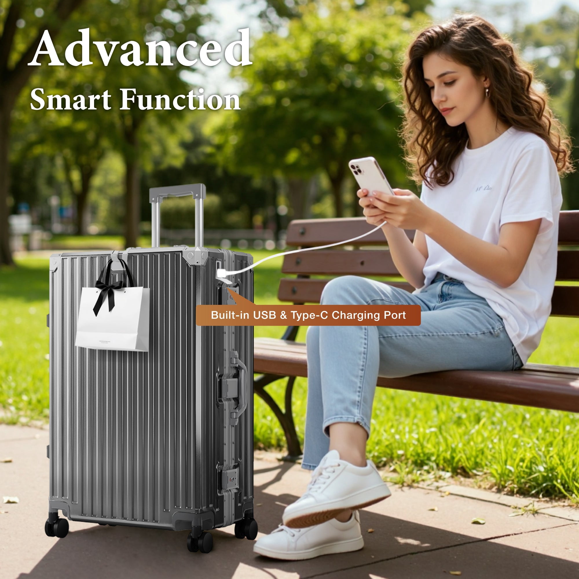 MF Studio 24 inch Checked Luggage, Lightweight PC Hardshell Zipperless Suitcase with Aluminum Frame, TSA locks, Spinner Wheels, USB Charging Port, Cup Holder, Dark Gray
