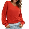 thumbnail image 2 of AOOCHASLIY Sweaters Fall Clothes Women Three-dimensional Feather Sweater V-Neck Solid Knitted Casual Fashion Lantern Sleeve Tops Blouse, 2 of 4
