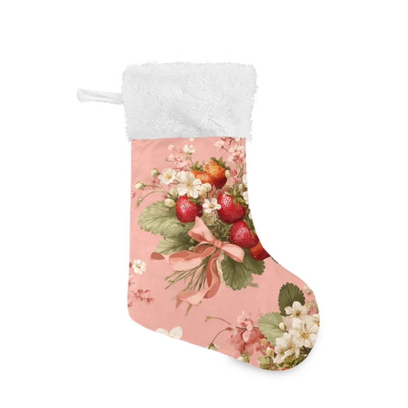 Bunches Of Strawberries Flowers with Bows Christmas Stockings Large Capacity 18 inch Gift Bag with Hook Xmas Holiday Decor 1 Pack