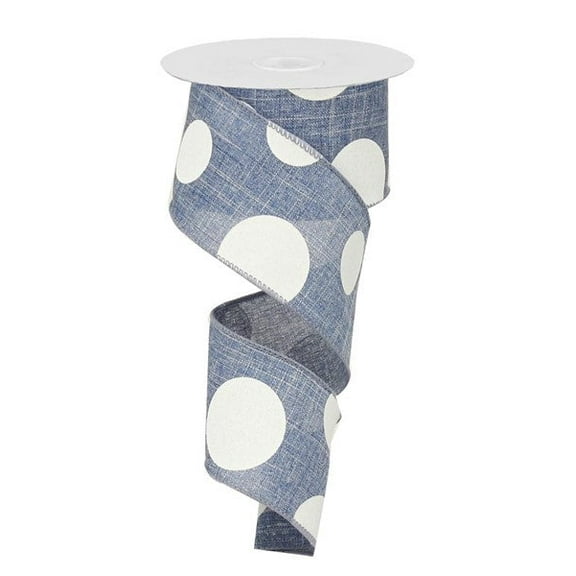 Large Polka Dot Wired Edge Ribbon - 2.5" x 10 Yards (Blue Denim, White)