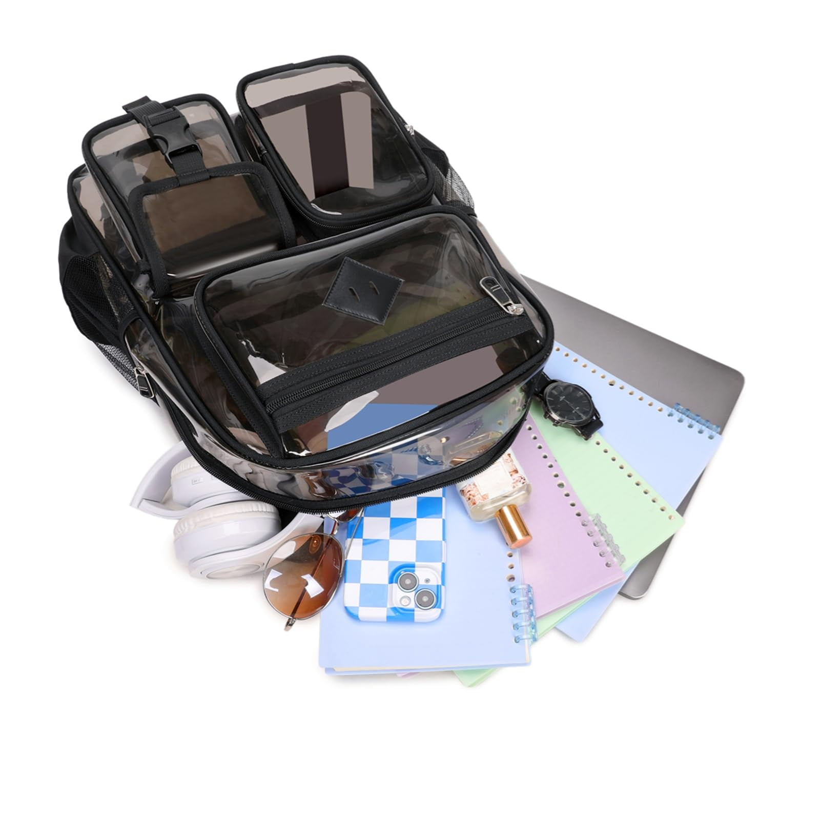 Sanmadrola Large Clear Backpack Heavy Duty Stadium Approved See Through Backpack Waterproof PVC Transparent Backpacks Clear Book Bag with Reinforced Strap for School Work Travel, Black PVC