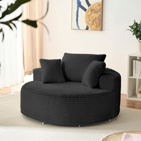 Mjkone Oversized Round Chaise Lounge Indoor, Corduroy Swivel Accent Chair,Upholstered Single Sofa Chair for Living Room/Bedroom,Black
