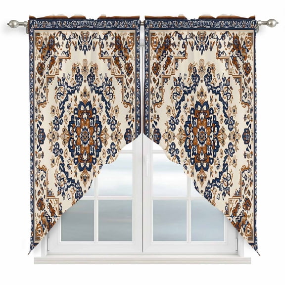 Swag Valance Curtains for Windows, Southwestern Boho Light Filtering Kitchen Curtains with Rod Pocket, Blue Brown Retro Geometric Ethnic Window Treatment Valances for Living Room, 36x63 - 2 PCS