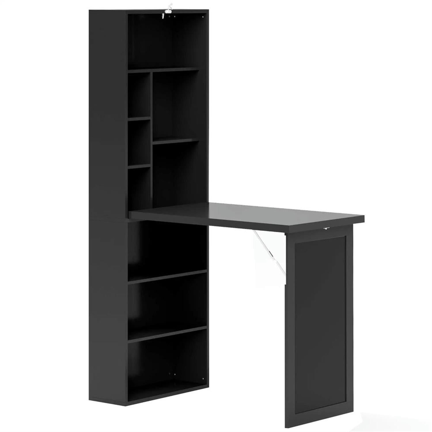 Demi Bonn Folding Computer Desk with Blackboard, Wall-Mounted Home Office, Desk with Side Shelf, Space-Saving, Black