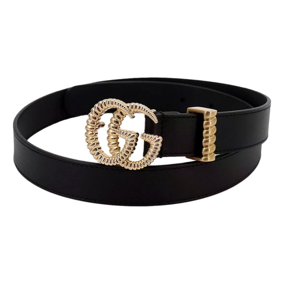 Pre-Owned Gucci Black Leather Gold Double G Torchon Buckle Slim Belt 80/32