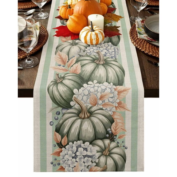 Autumn Pumpkin Sunflower Hydrangea Table Runner-36 Inch Long Vintage Green Stripe Table Runners Linen Burlap Tablerunner for Kitchen Dining Room Holiday Party