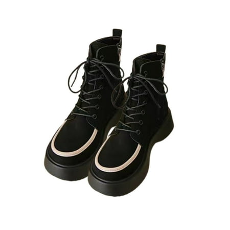 Sexlip Womens Combat Boots Lace Up Mid Calf Comfortable Casual Fashion Outdoor Active Boots Solid Color Hidden Wedge Heel Round Toe Shoes Black 40