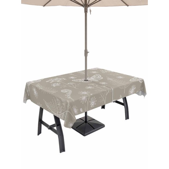 52x70 Inch Outdoor Tablecloth with Umbrella Hole Zipper Rectangle Beige Butterfly Botanical Rectangular Tablecloths Outside Waterproof Summer Plants Line Art Patio Table Cloth Cover for Picnic Party