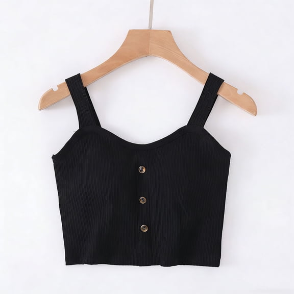 Women's Cropped Cotton Tank Tops with Chest Pad Casual Crewneck Button Camisole Fashion Comfy Sleeveless Shirts New Women's Plus Size Tops Black M