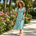 thumbnail image 4 of Maxi Dresses for Women Crossover Wrap V Neck Short Sleeve Summer Dress Elastic High Waist A-Line Casual Party Work Dress, 4 of 7
