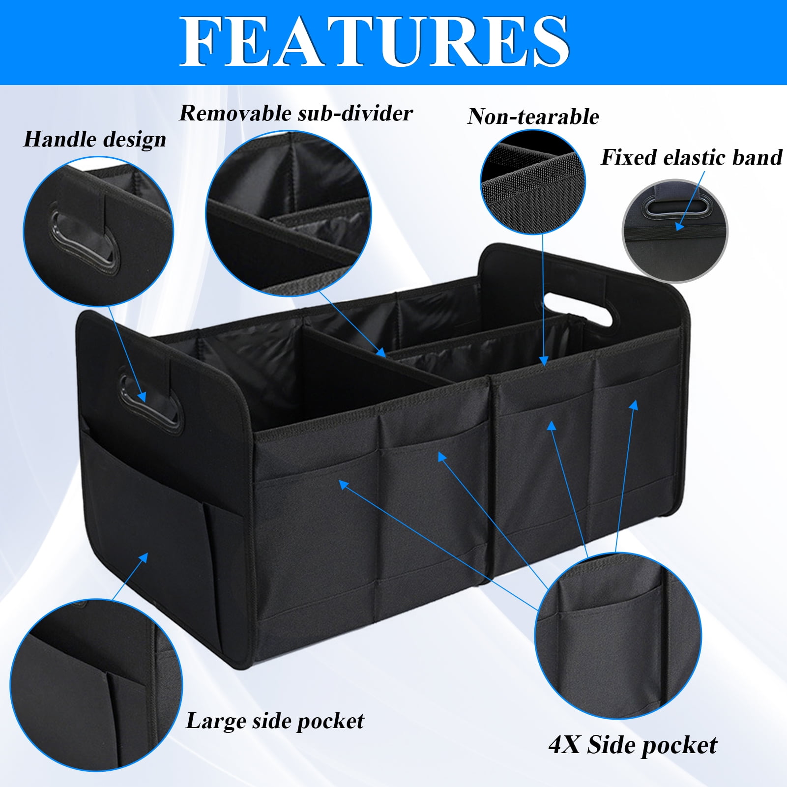 cyrico Car Trunk Organizer, Large Capacity Car Trunk Storage Organizer with Handle for Any Cars and SUV, Black Collapsible Multi-Compartment Organizer