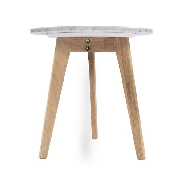 The Bianco Collection Cherie 15" Round Italian Carrara White Marble Table with Oak Legs