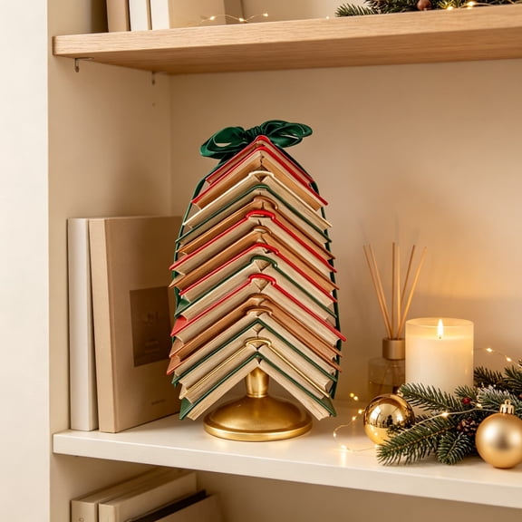 Stacked Book Christmas Tree with Ribbon, 12 Inch Resin Book Stack Christmas Tree Figurine, Vintage Tabletop Christmas Decor for Mantel Shelf Table Centerpiece