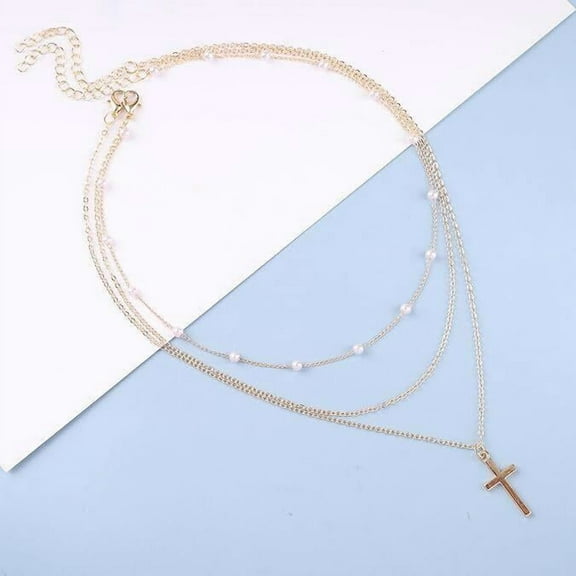 Layered Gold Cross Necklace with Pearl Accents Elegant Religious Jewelry for Women Christmas Gift