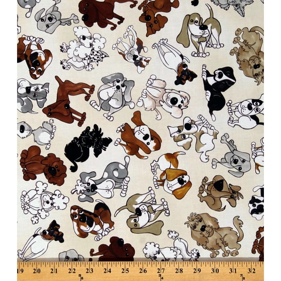 Cotton Dogs Pets Animals Tossed Doggies Bone Kids Cream Cotton Fabric Print by the Yard (692-107-B)