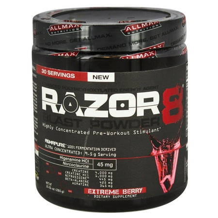 AllMax Nutrition - Razor8 souffle poudre très concentré pré-entraînement Stimulant Extreme Berry - 10,01 onces.