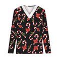 thumbnail image 4 of Pntutb Mujer Navidad Moda Impreso Encaje Manga Larga Blusa Cuello V Casual tops Pntutb Pntutb-6440, 4 of 5