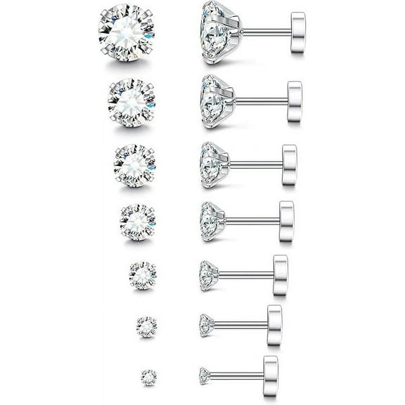 Nmkwnr 7 Pairs Round Cubic Zirconia Studs Earrings Lightweight 316L Steel Stud Earrings Flat Back Earrings for Women Men, Silver