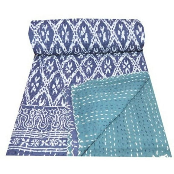 Indian Blue Color Ikat Print Kantha Quilt Kantha Bedspread Kantha Blanket Cotton Throw Handmade Quilt Single Size Quilt Bedding Twin