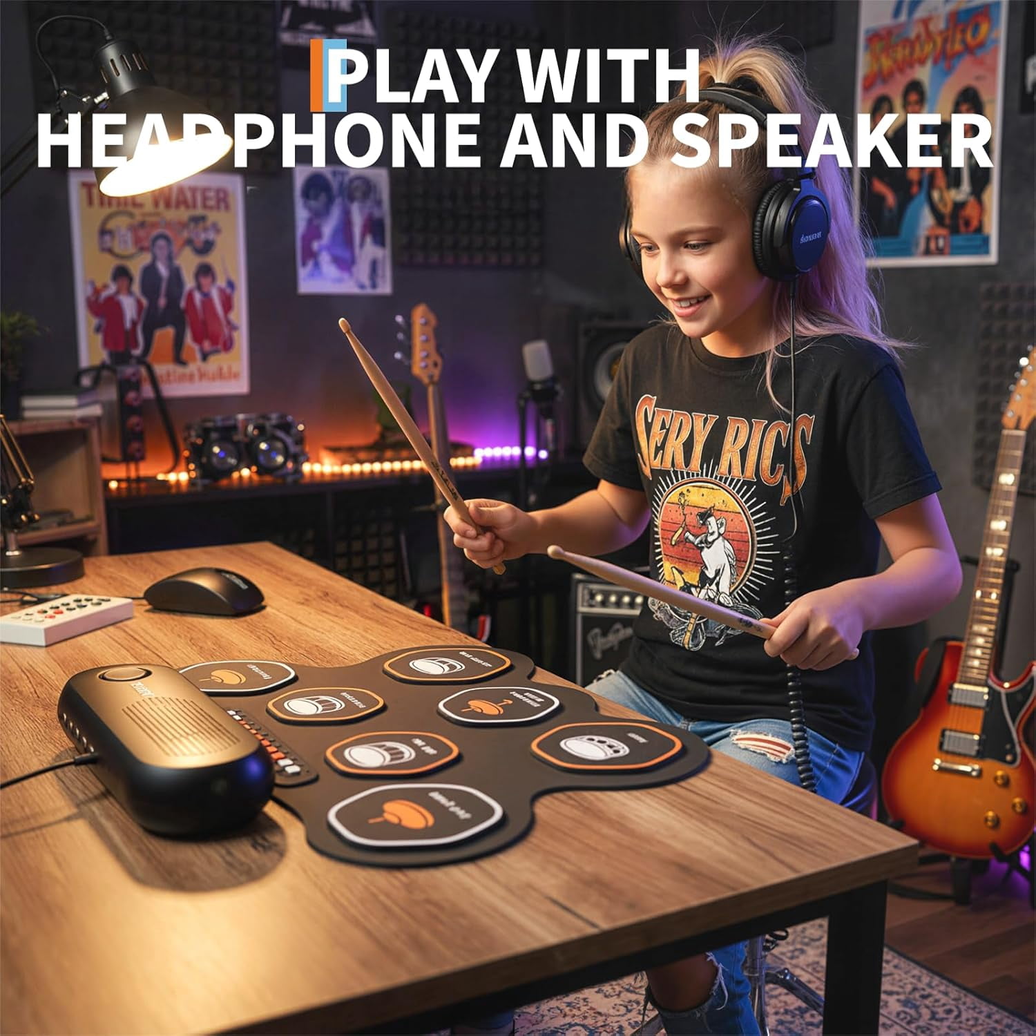 Senfot 7-Pad Electronic Drum Set with Built-In Speaker, Drum Pedals & Sticks, Portable Roll-Up Electric Drum Kit with Headphone Jack for Beginners