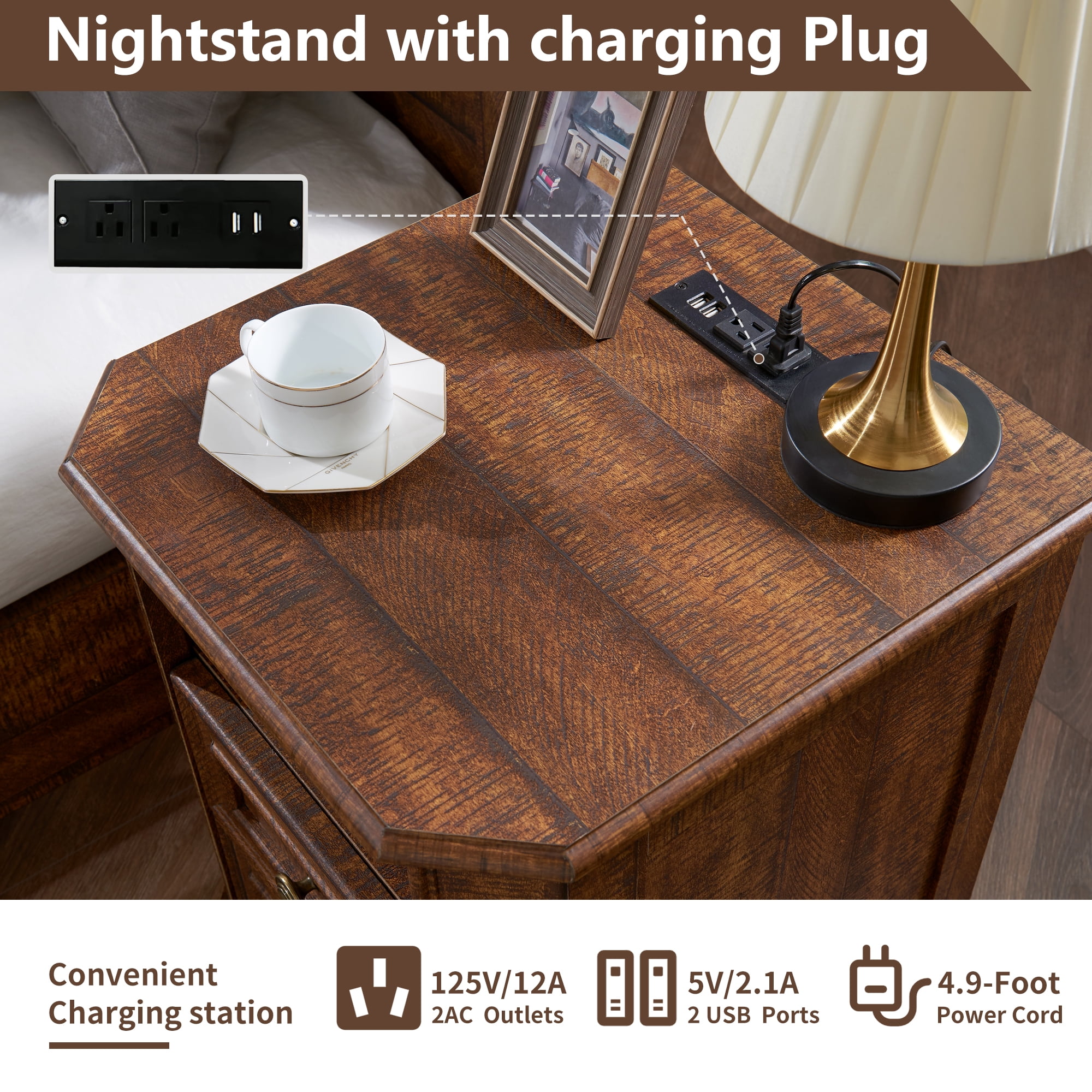 OKD Farmhouse Nightstand with Charging Station, End Table with 2 Drawers for Living Room, Side Table, Brown