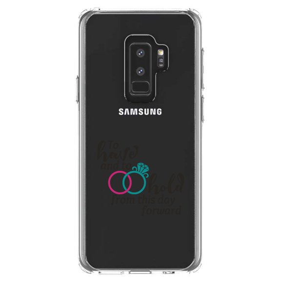 DistinctInk Clear Shockproof Hybrid Case for Samsung Galaxy S9  PLUS (6.2" Screen) - TPU Bumper Acrylic Back Tempered Glass Screen Protector - To Have & To Hold Wedding Rings