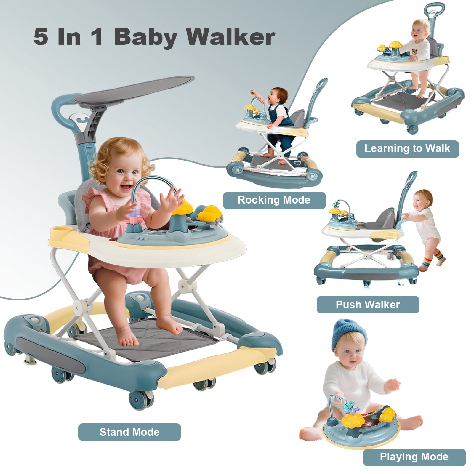 ManyFun 5-in-1 Baby Walker, Musical Activity Push Walker with Detachable Awning Footrest, Adjustable Height, Blue