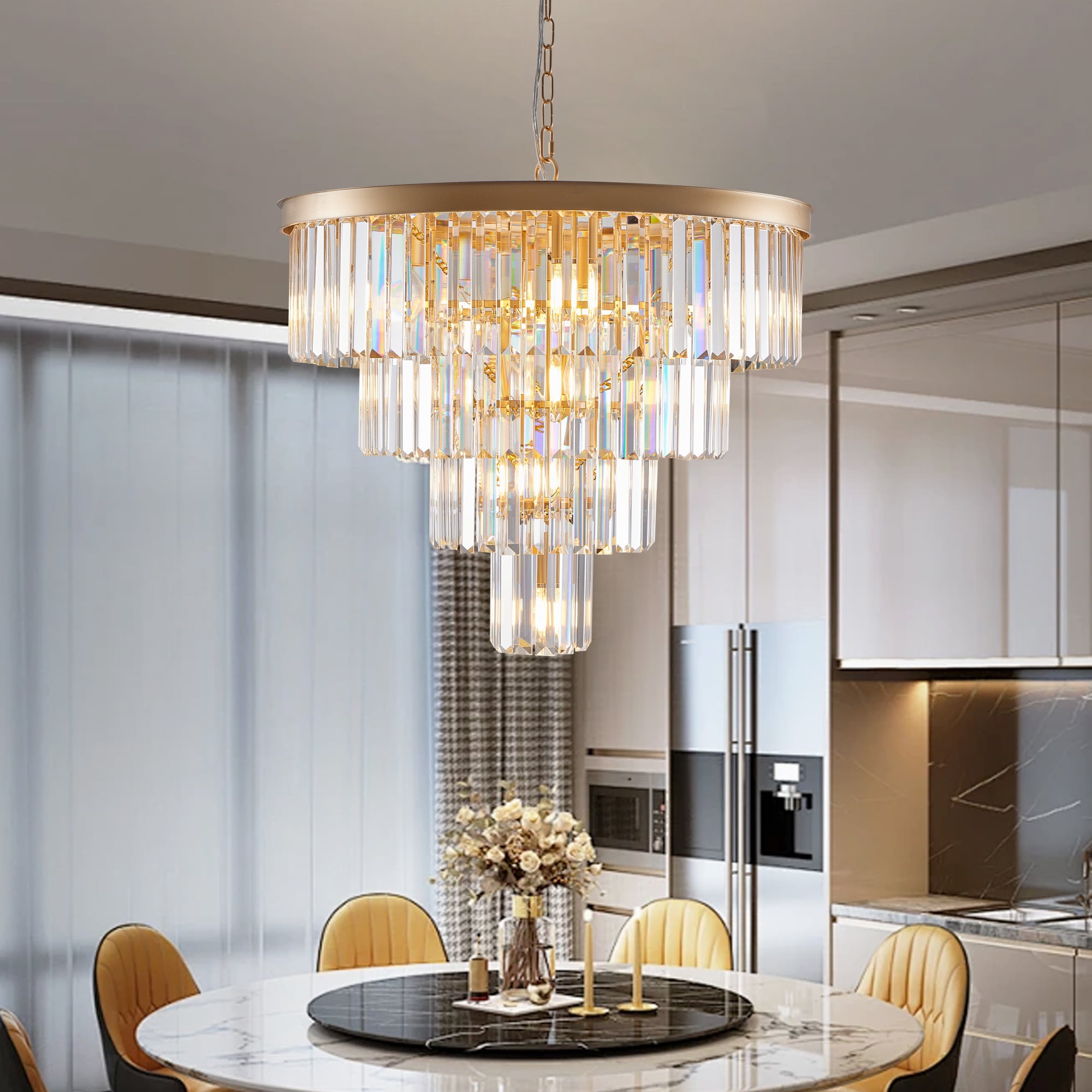 Jopath 24" 4-Tier Crystal Chandelier, 12-Light Golden Frame Pendant Light, Elegant Ceiling Lighting for Living Room, Dining Room, Bedroom (No Bulbs)