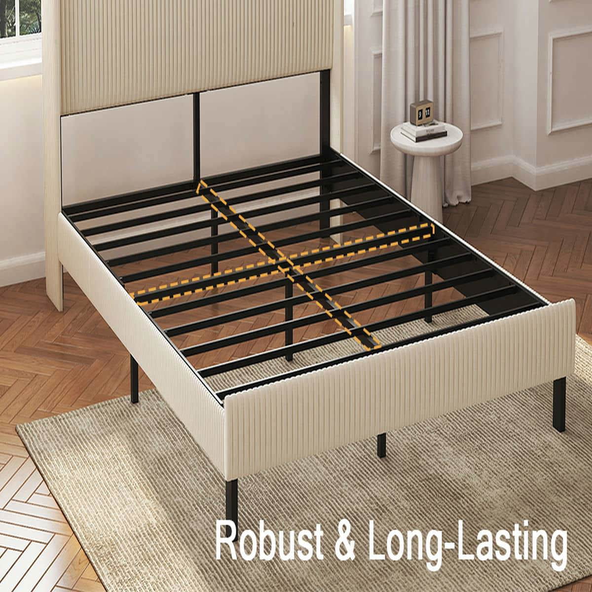 Barara King Bedroom Bed Frame, Bed Platform Frame,Queen Size Platform Bed, Metal Bed Frame with Charging Station, No Box Spring Needed, Beige