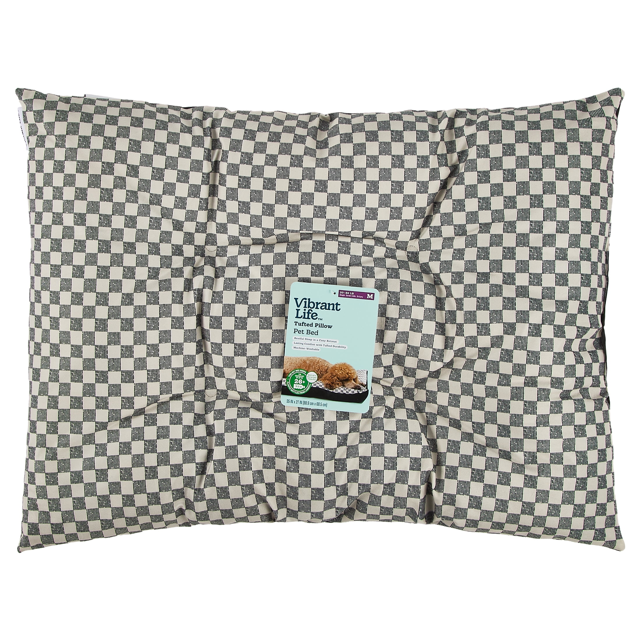 (4 pack) Vibrant Life Bed for Dogs, Tufted Pillow, Machine Washable, Black and White Checkered, 35" x 27"