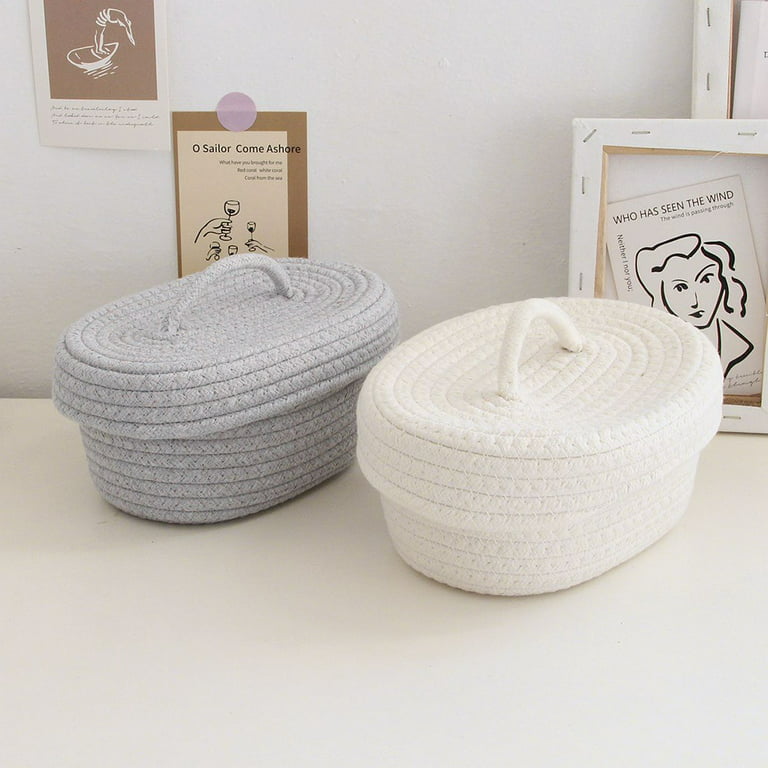 Woven Baskets Cotton Knitting Basket with Lid,Grey Baskets Sundries  Cosmetics Toys Storage Basket