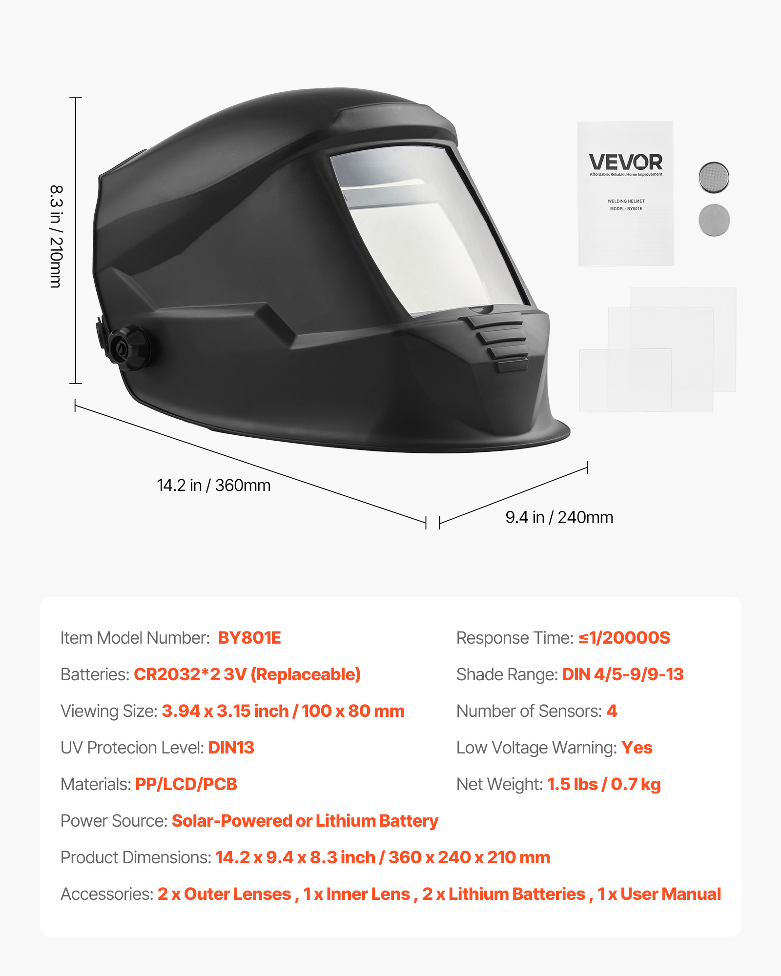 VEVOR Welding Helmet Auto Darkening, 3.94" x 3.15" True Color Welding Hood, Solar-Powered Welder Mask 4 Arc Sensors,Wide Shade 4/5-9/9-13 for TIG MIG Weld Cutting Grinding Application - METIS Series
