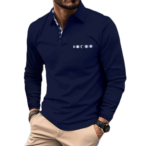 Blusa y camisa deportiva de manga larga con cuello vuelto para hombre, con botones y cuadros escoceses
