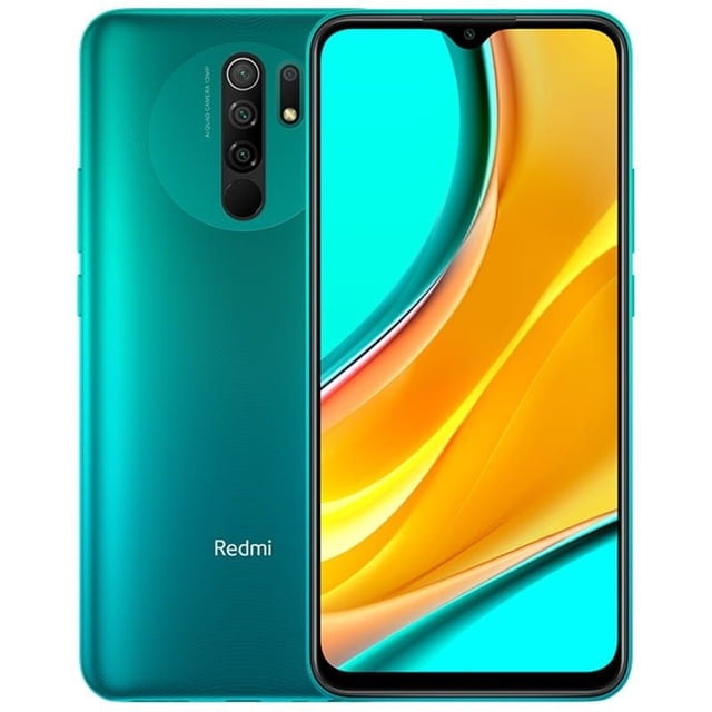 smartphone redmi 9 32gb verde xiaomi desbloqueado vista frontal y posterior centrada: pantalla 6,53 pulgadas con notch en gota, carcasa verde con configuración de cámaras traseras que incluye sensor principal de 13 Mpx y lector de huellas en la parte posterior, bordes delgados y logo Redmi; procesador MediaTek Helio G80, 3 GB RAM, 32 GB de almacenamiento y carga rápida 18 W; a menudo usado como teléfono secundario para viajes.