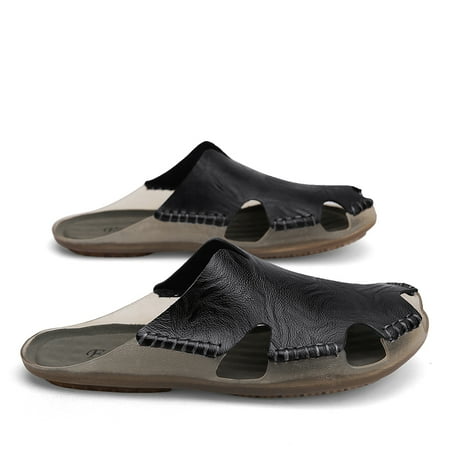 Men Leather Flat Slides Slippers Outdoor Indoor Home House Slip On Sandals Summer Shoes Free Shipping Big Size 47 48
