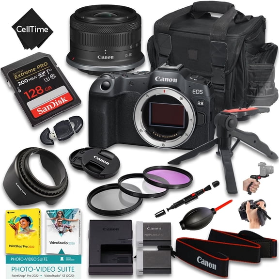Canon EOS R8 Mirrorless Camera with RF-S 10-18mm f/4.5-6.3 IS STM Lens 128 GB Memory Extra Battery Camera Case Grip Tripod More (20pc Bundle)