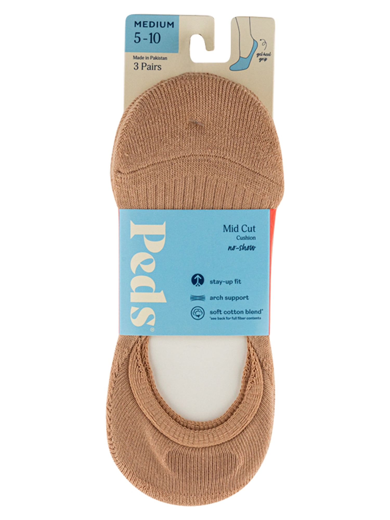PEDS Women's Cushion Mid Cut Liner No Show Socks Nude, 3 Pairs, Sizes 5-10