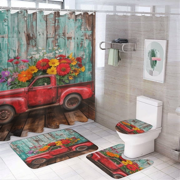 Thanksgiving Retro Truck 4 Piece Shower Curtain Sets, Non-Slip Rugs, Toilet Lid Cover And Bath Mat, for Bathroom Decor Set, 72" X 72"