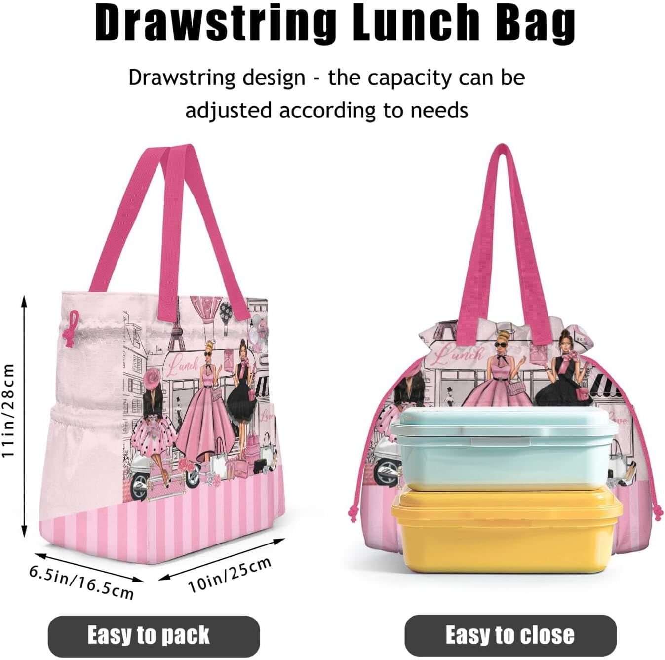Lunch Bag for Women Insulated Womens Drawstring Lunch Bag for Work, Stain-Resistant Large Lunch Box for Women with Containers, Cinch Closure Cromwell Bag Black Man Reusable Lunch Bag Office
